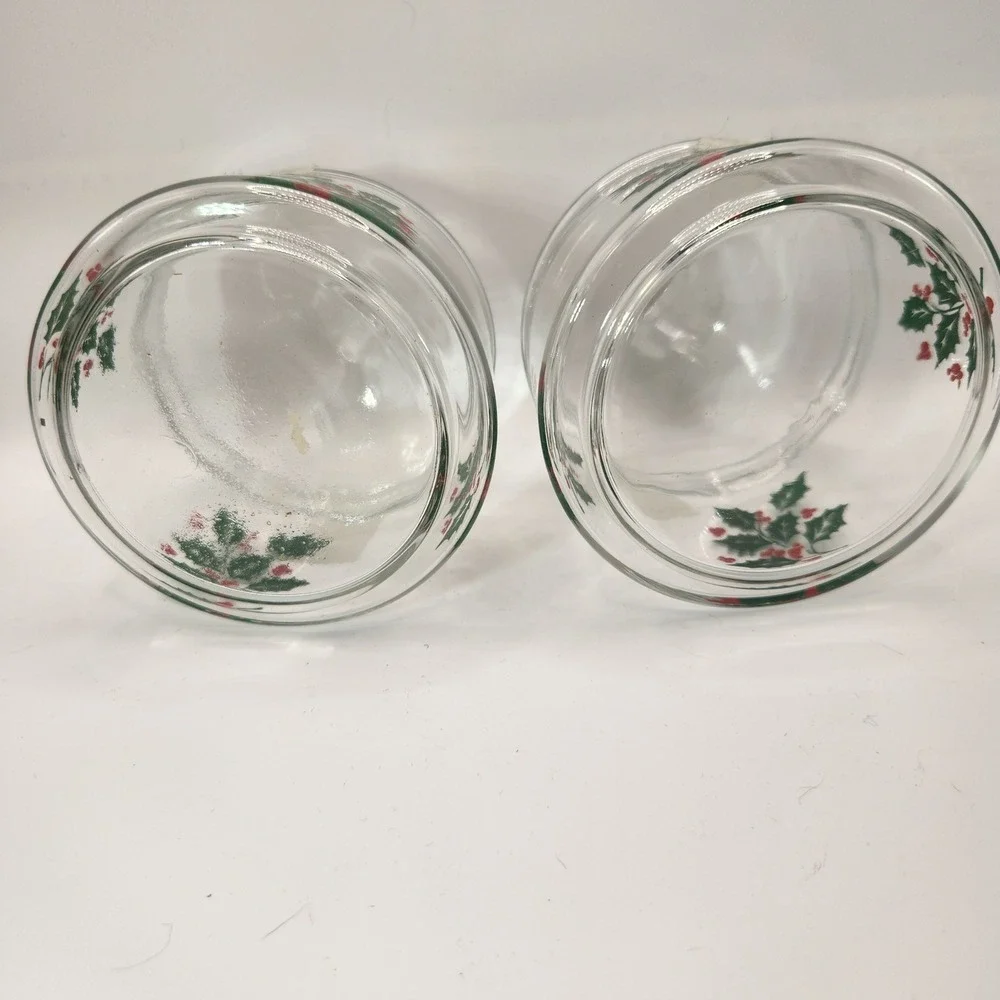 Vintage Christmas Holly Berry Glass Canister Set of 2 Holiday Candy Jars Lids